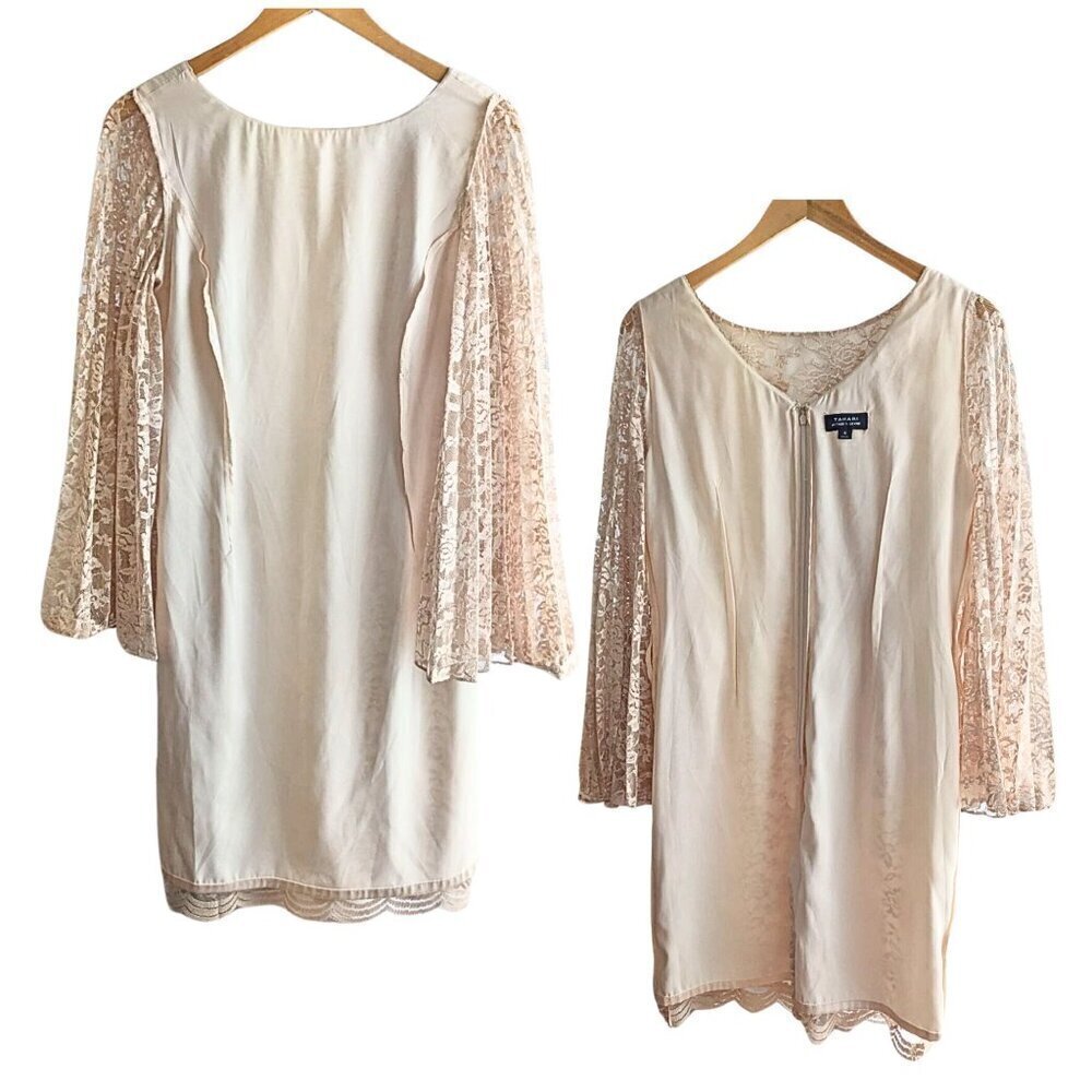 Angelic TAHARI ARTHUR S LEVIN Champagne Satin Georgette Angel Sleeve Lace Overla - Picture 8 of 10